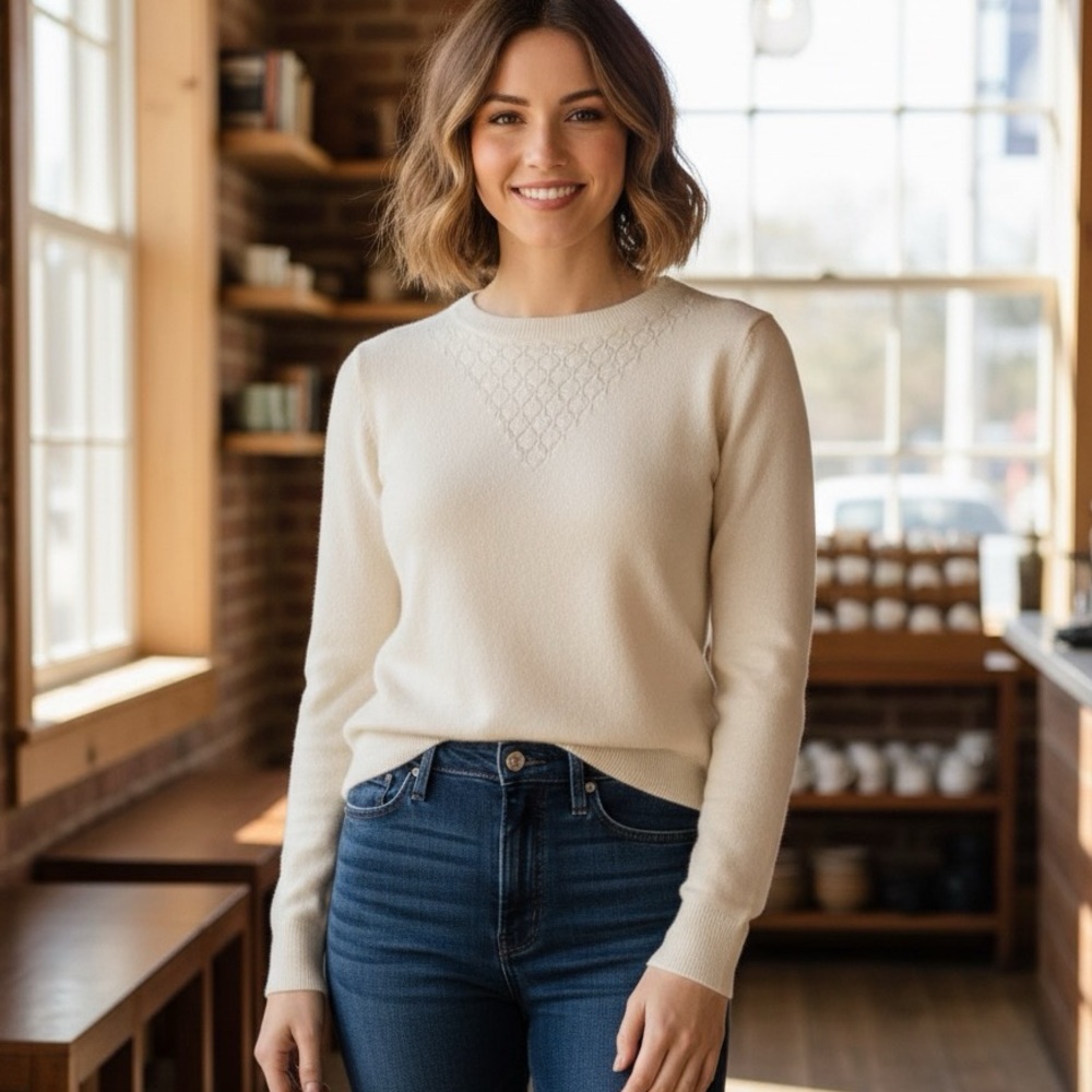 Nanette Lepore Cream Crew Neck fine merino wool Sweater. Old money/ minimalist - Picture 1 of 7